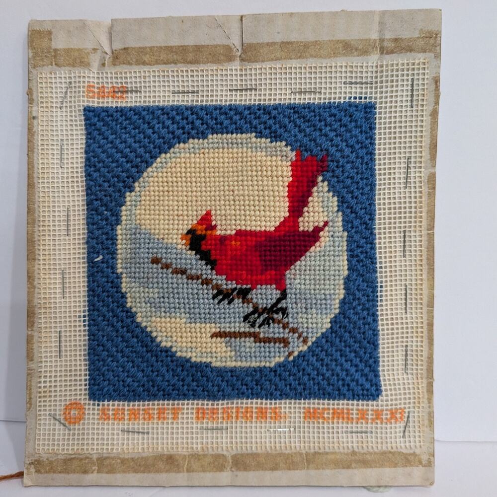Vintage Sunset Designs Completed Needlepoint Kit Red Cardinal Bird Winter 1971
